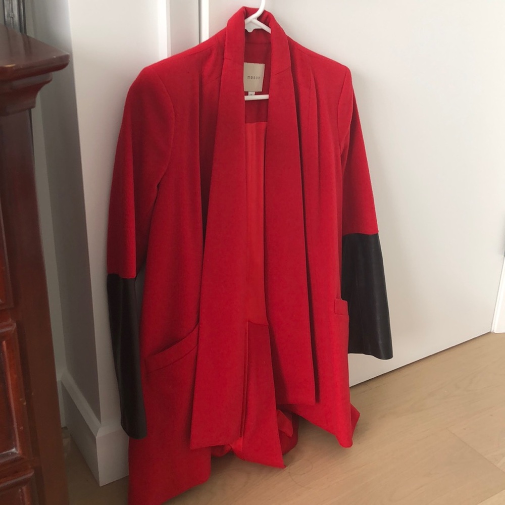 Red Mason jacket with leather sleeves